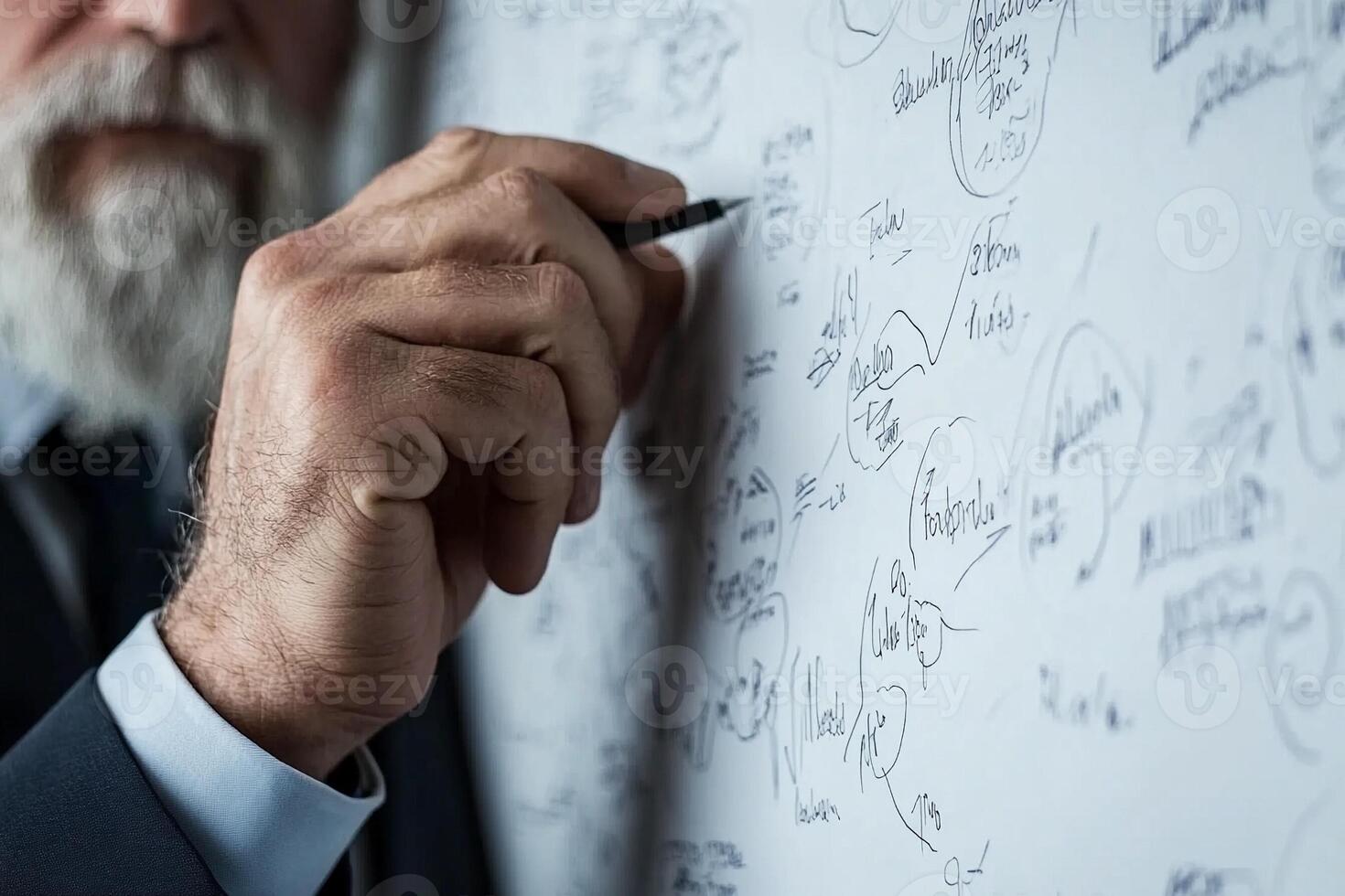 A man with a white beard and a white suit is writing on a whiteboard photo