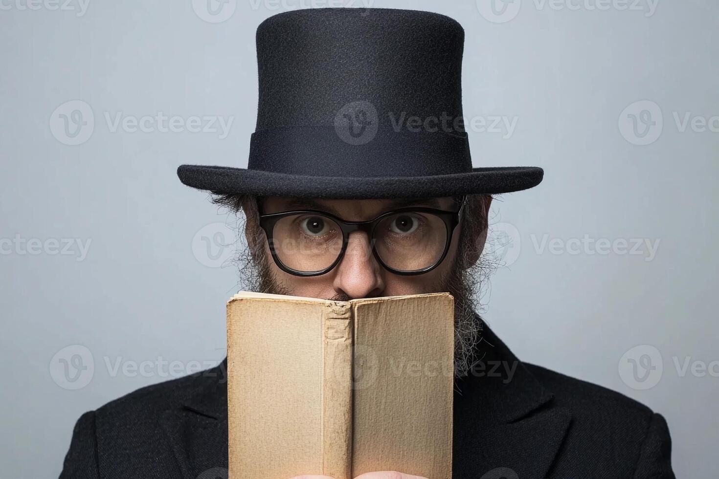 A man in a top hat and glasses is reading a book photo