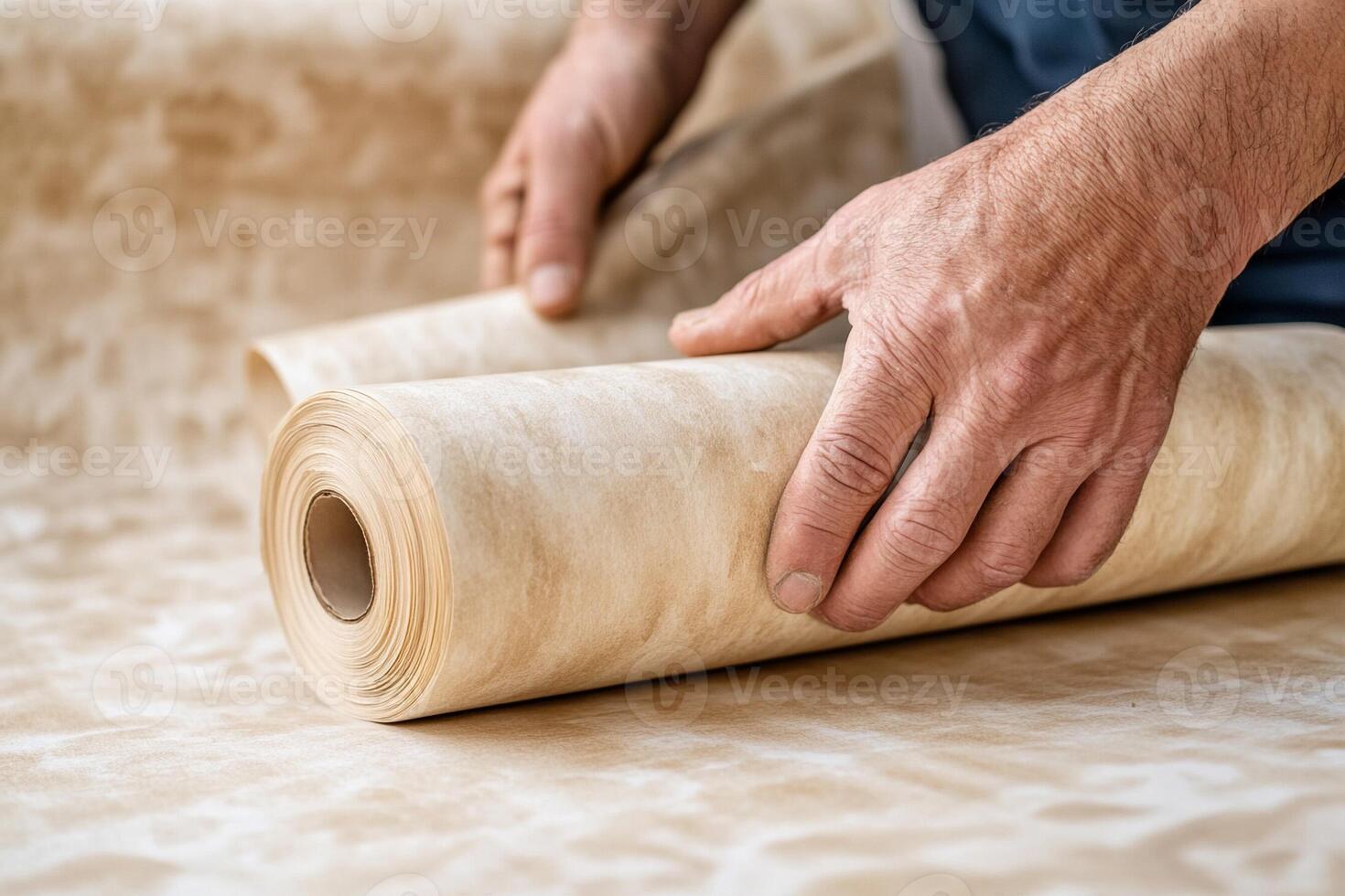 A man is rolling up a roll of paper photo