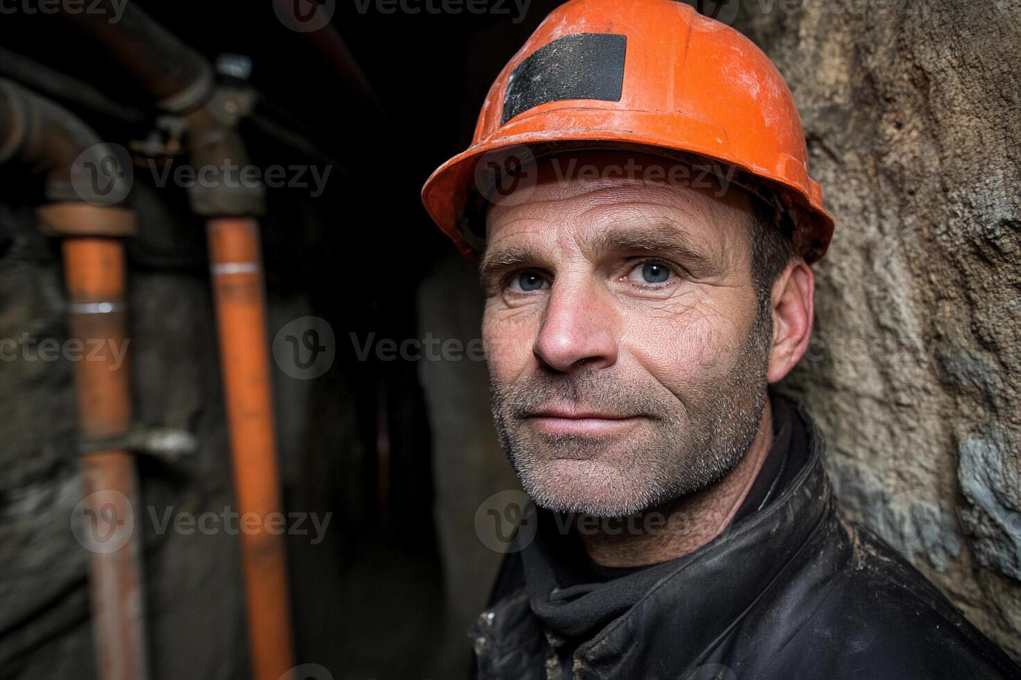 A man in an orange hard hat standing in a tunnel photo