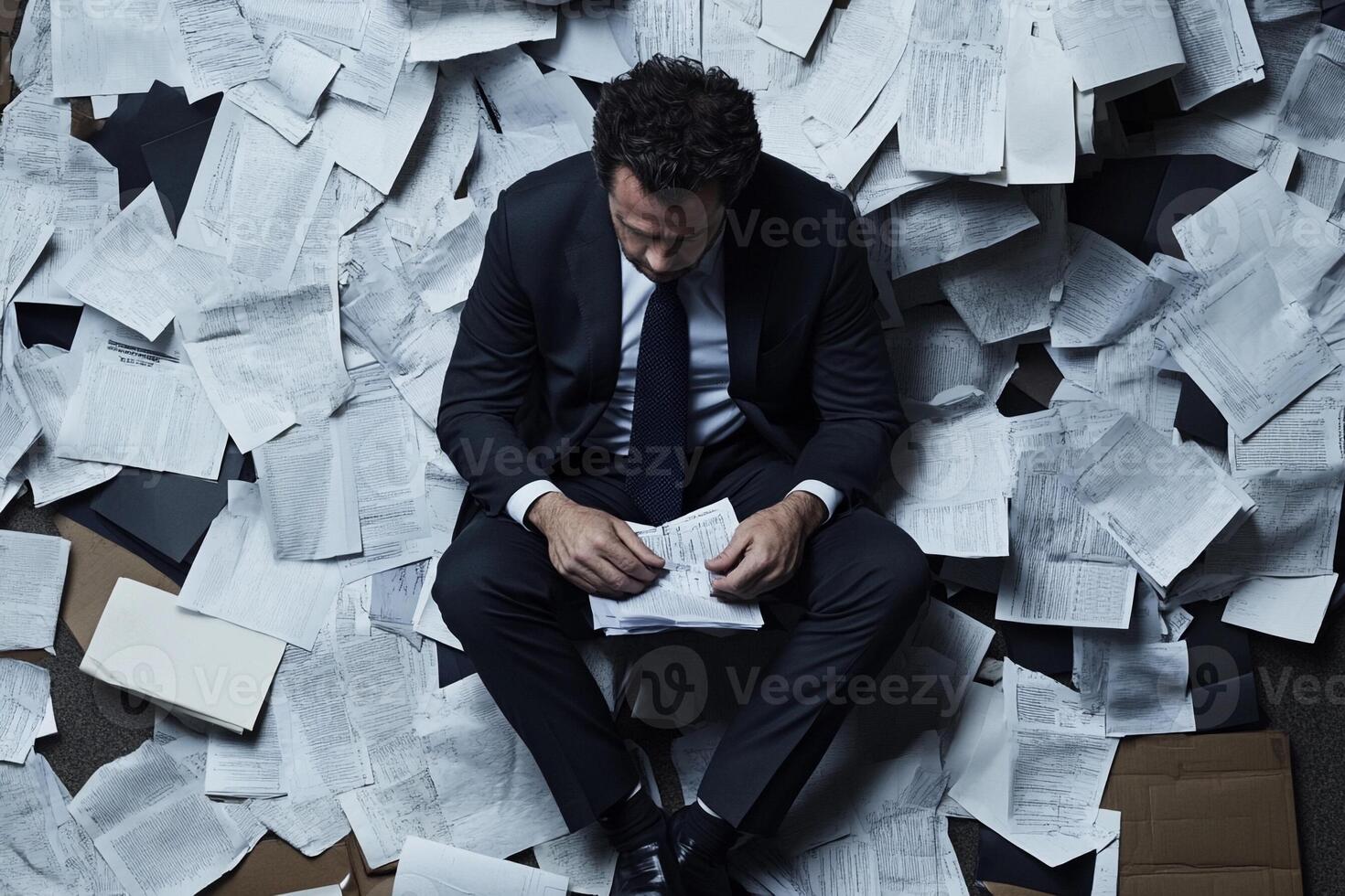 A man in a suit sitting on top of a pile of papers photo