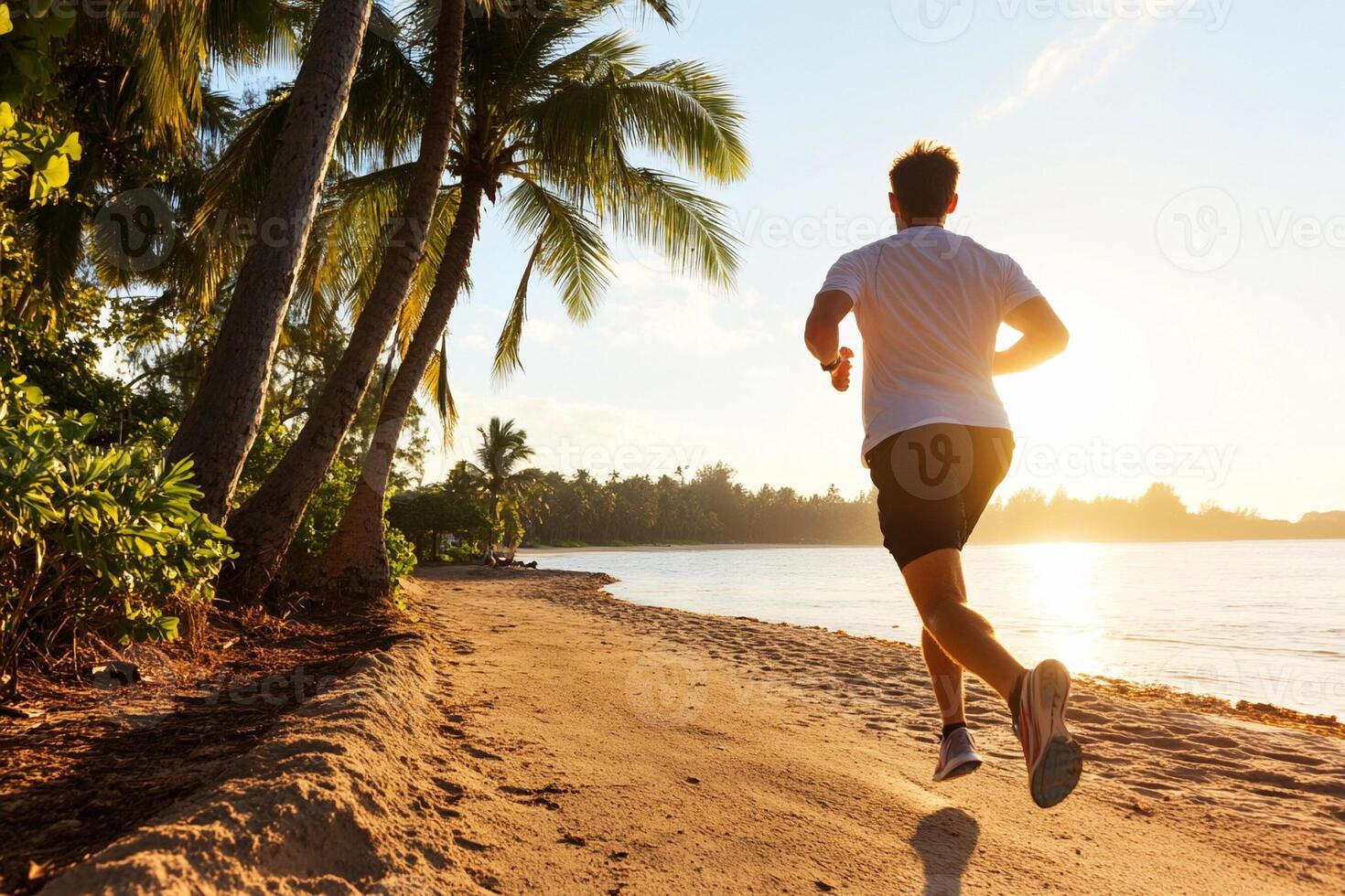 A man running on the beach at sunset photo