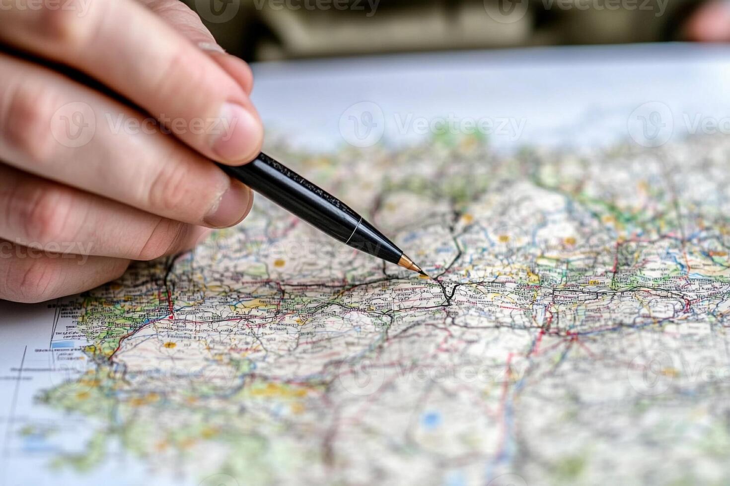 A person's hand is holding a pen on a map photo