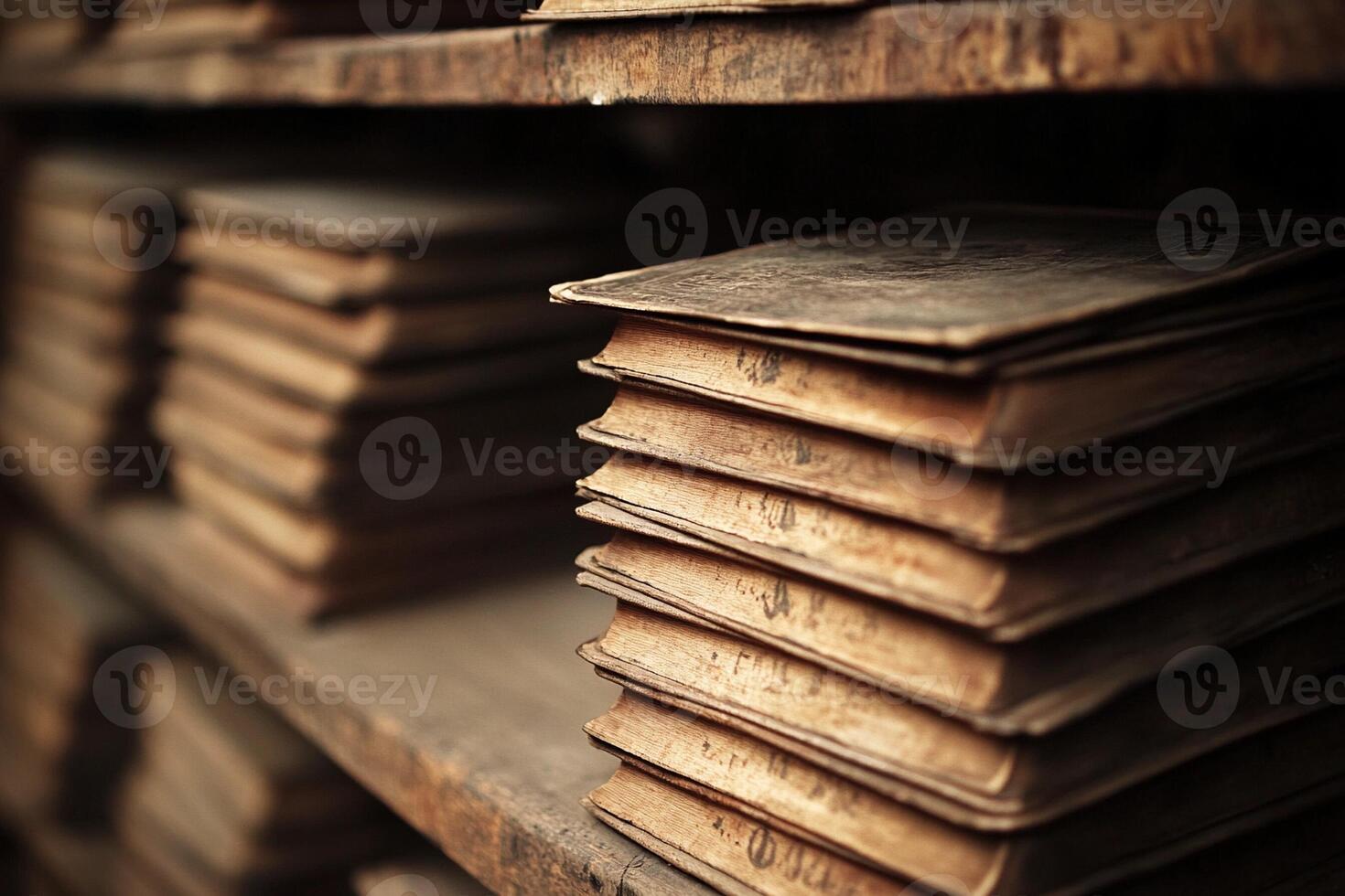 Old books stacked on a shelf in a library photo