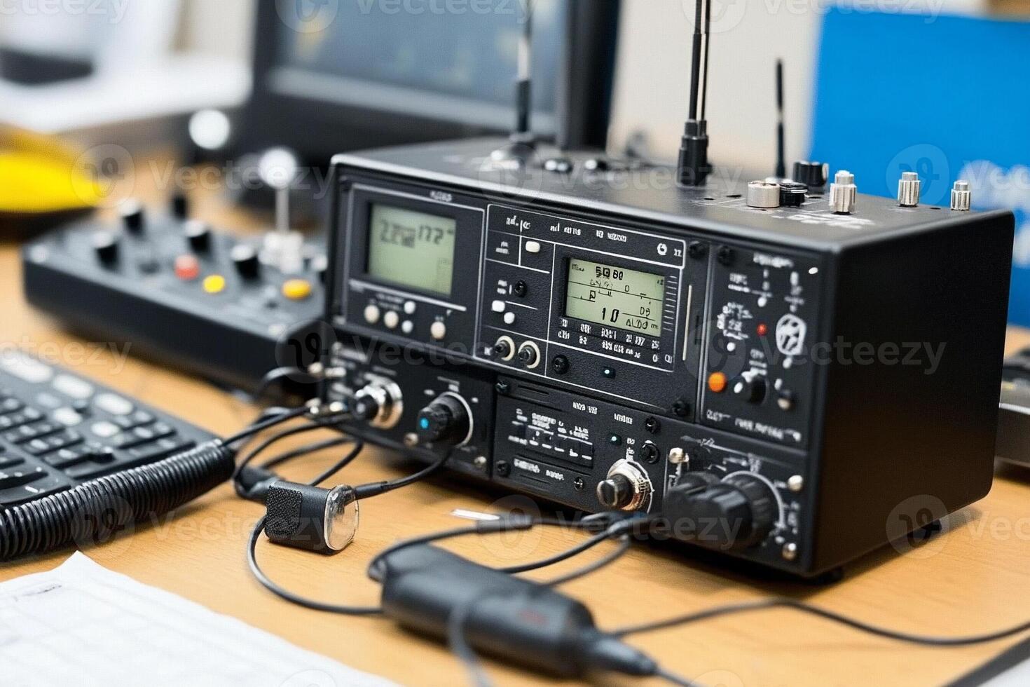 A radio is sitting on a desk with a keyboard and mouse photo