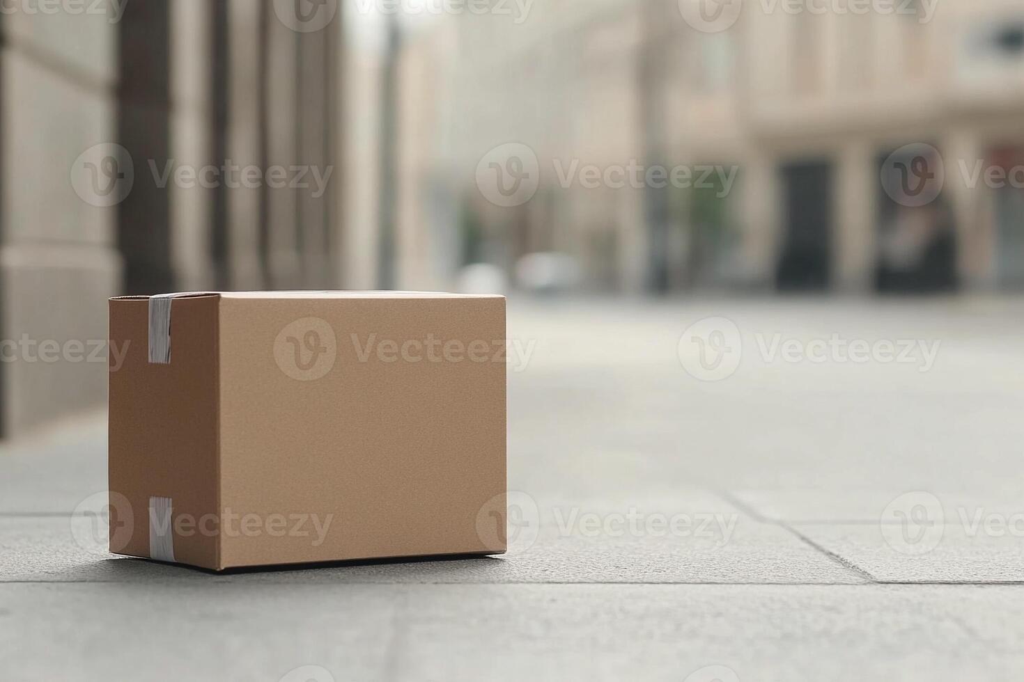 A cardboard box sitting on the street in front of a building photo