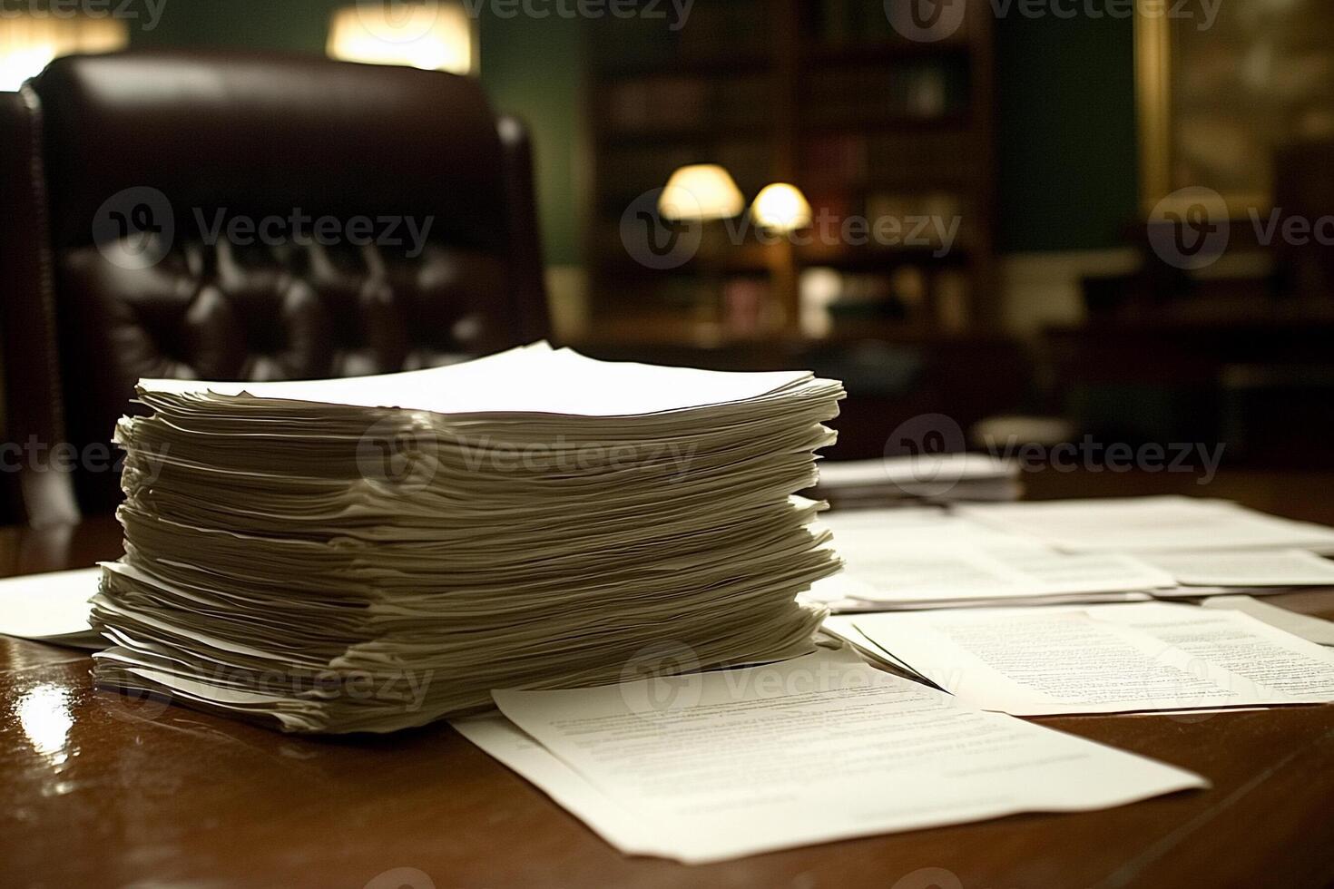 A pile of papers on a desk in front of a chair photo