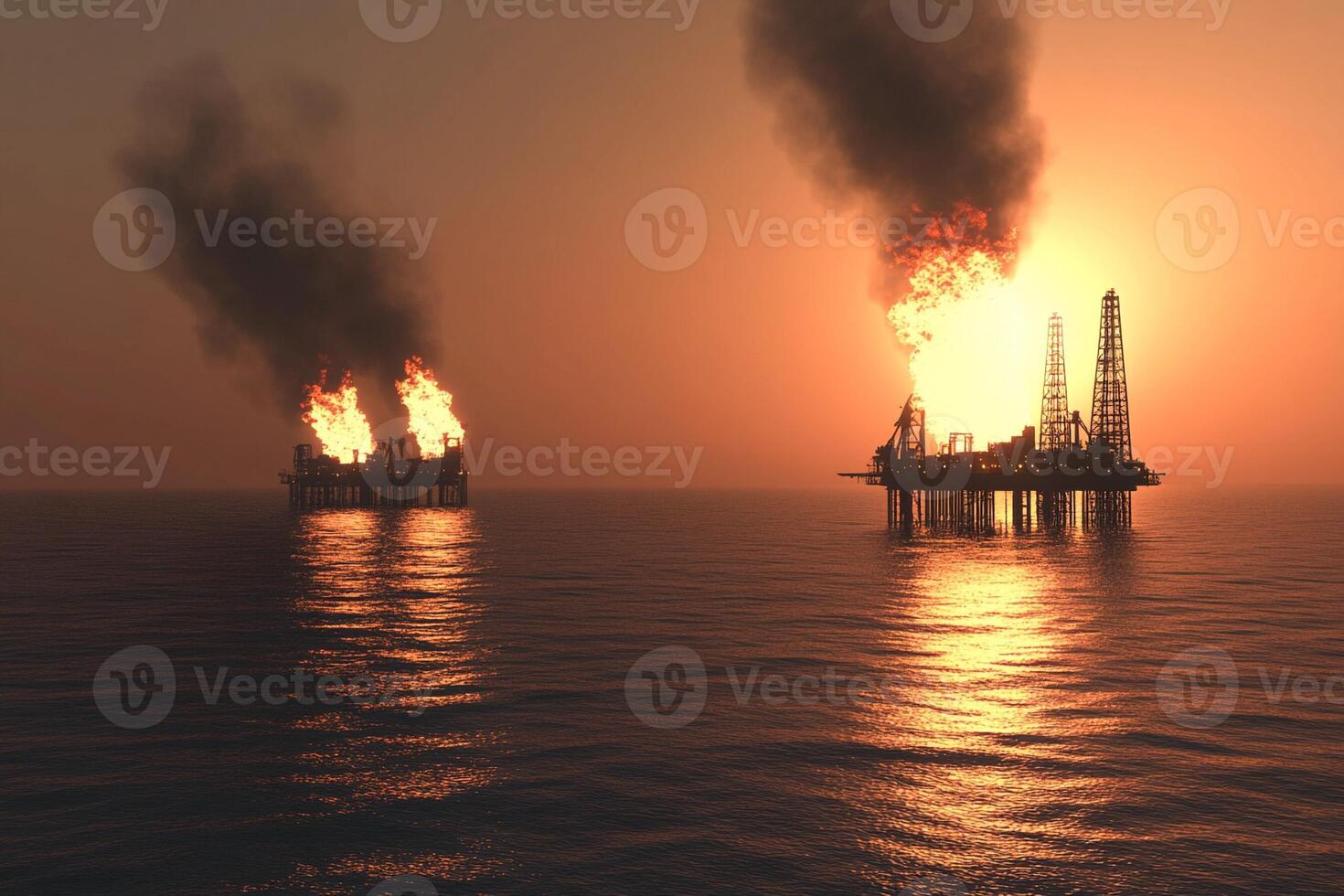 Oil platforms in the ocean with smoke coming out of them photo