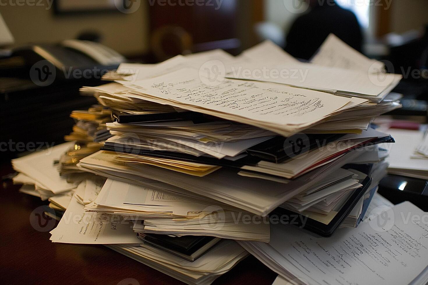 A pile of papers on a desk photo
