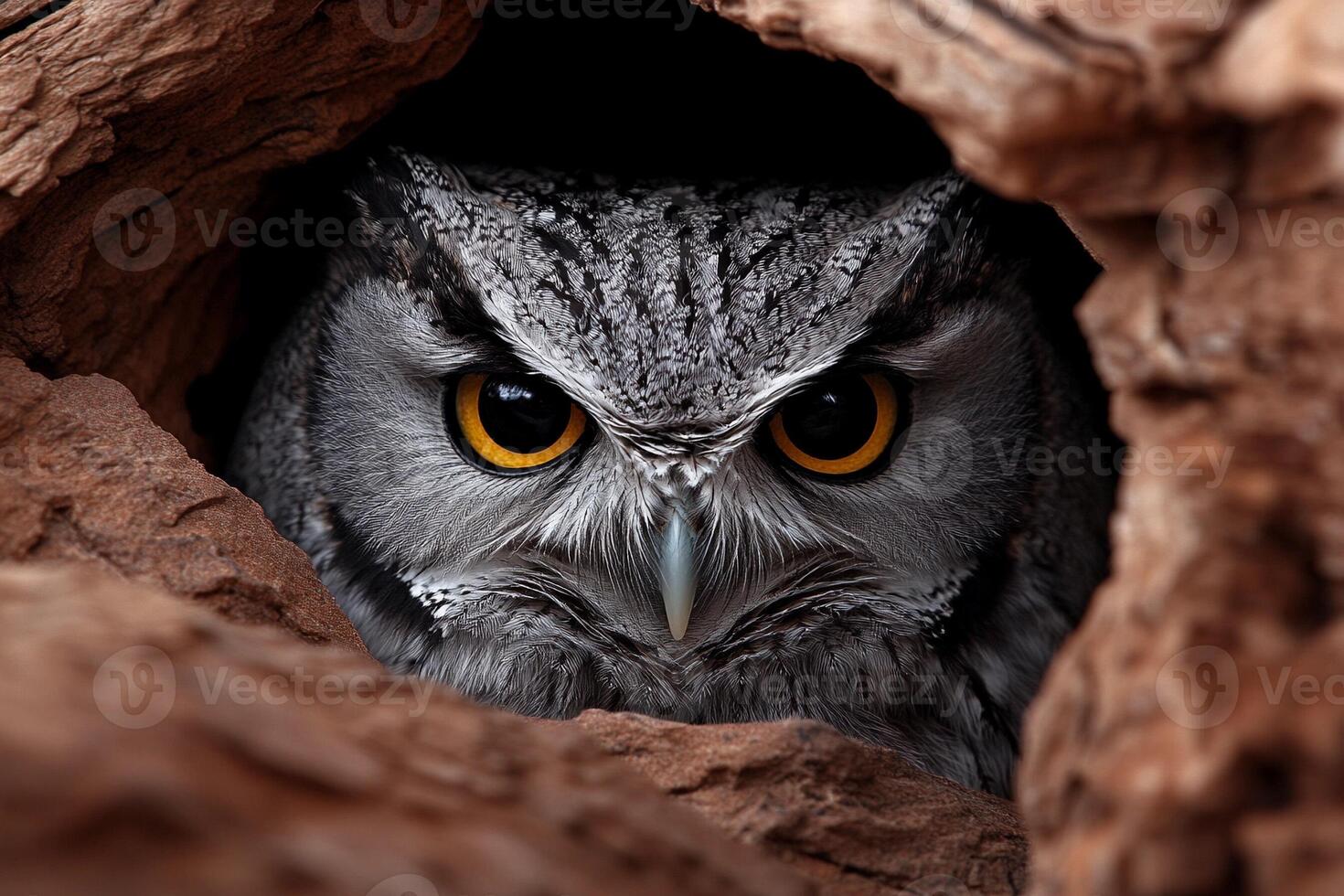 Owl peeking out of a hole photo
