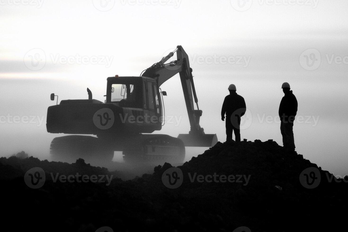 Two men standing in front of an excavator photo