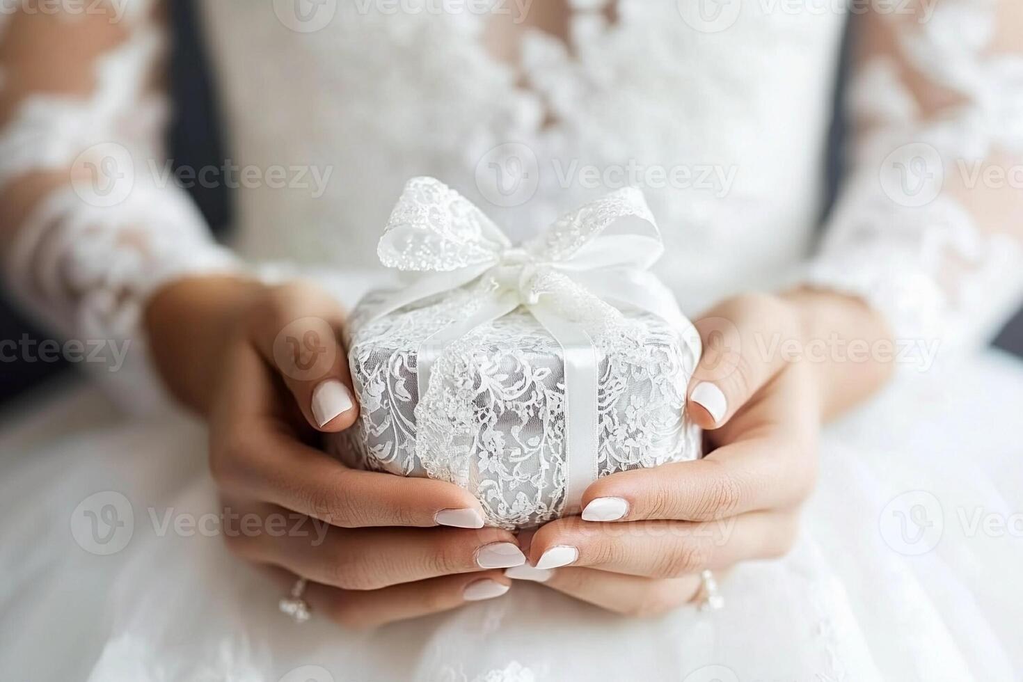 A woman in a wedding dress holding a white gift box photo