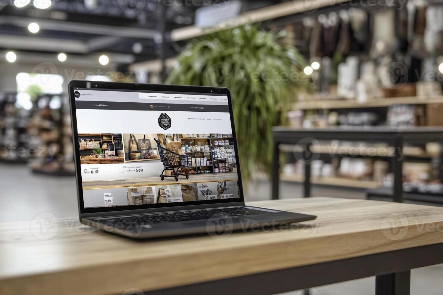 A laptop is sitting on a wooden table in a store photo