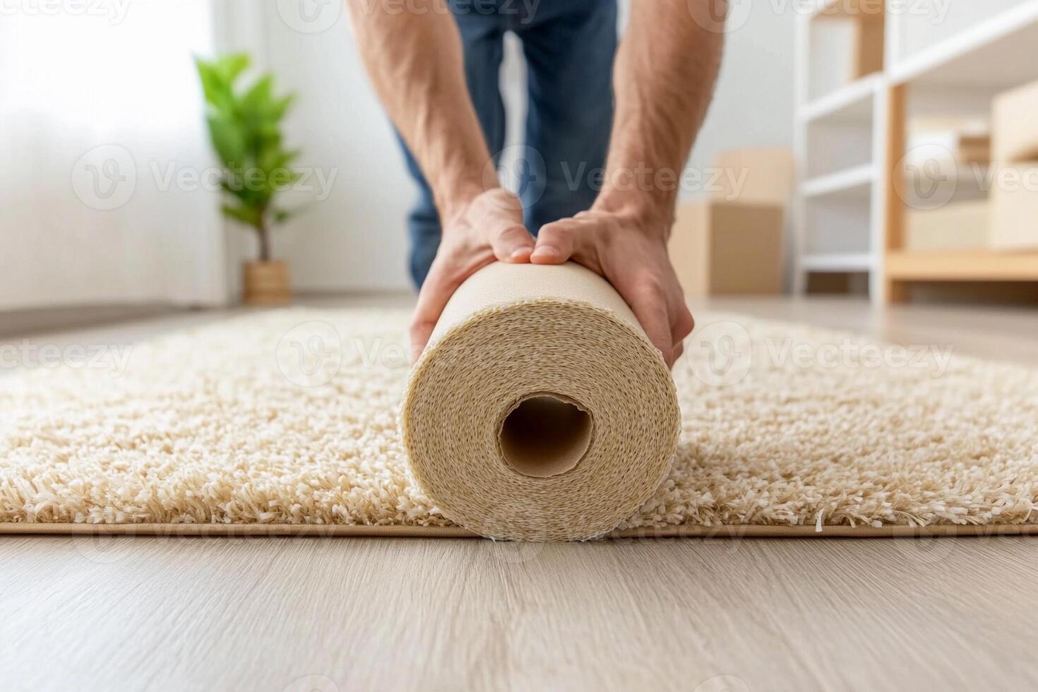 A man is rolling up a carpet on a hardwood floor photo