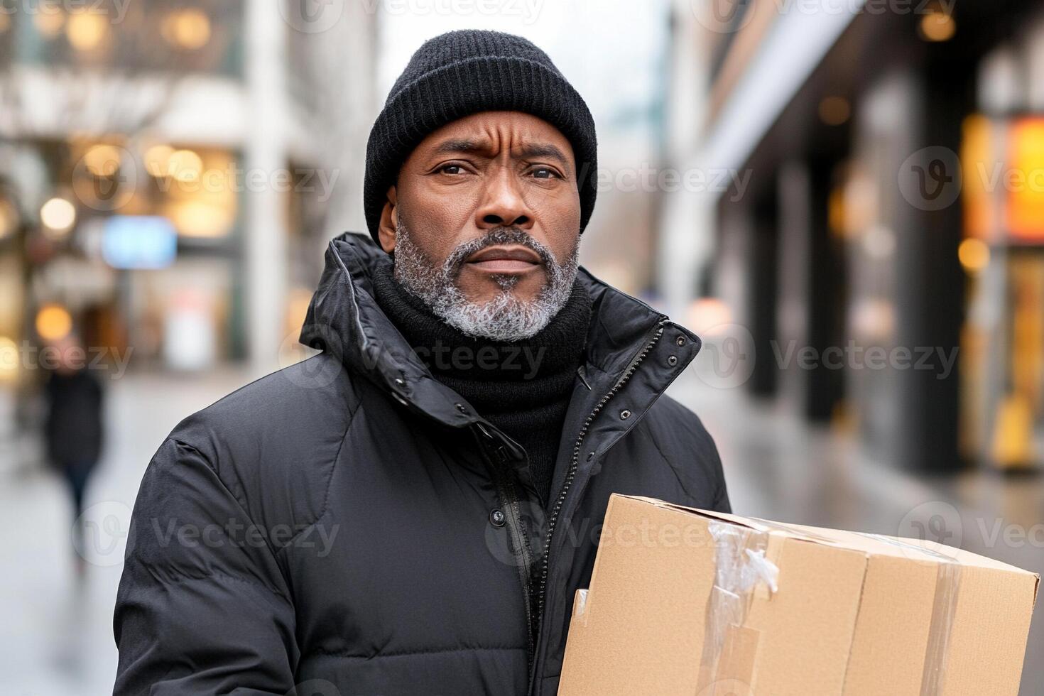A man in a winter coat carrying a box photo