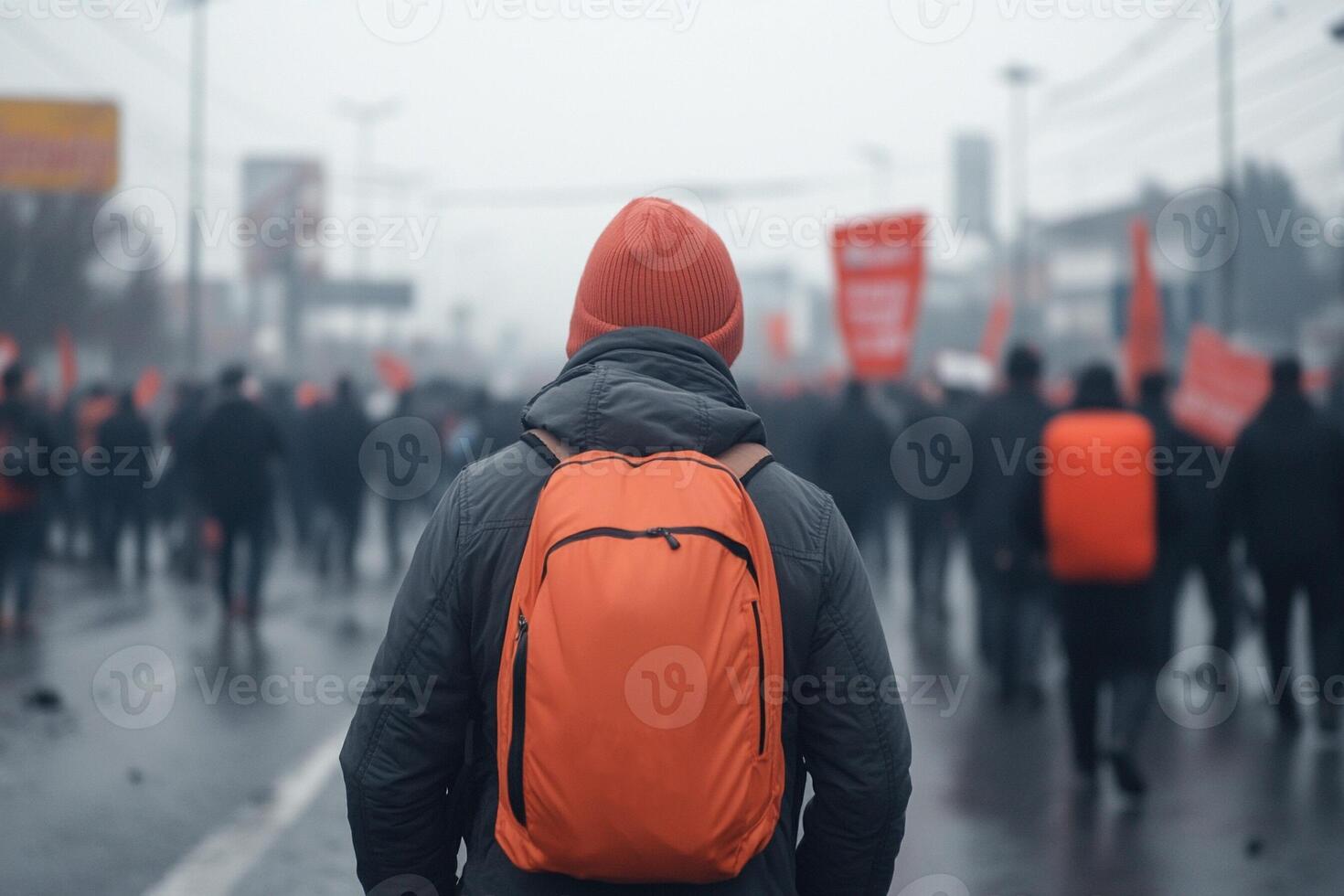 A person with a backpack walking through a crowd of people photo