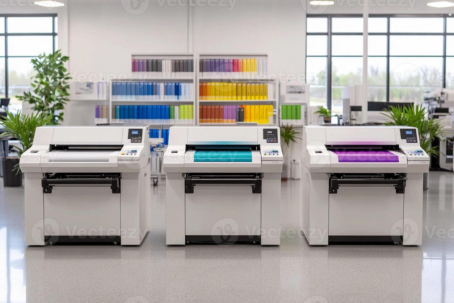 Three printers in a room with colorful paper photo