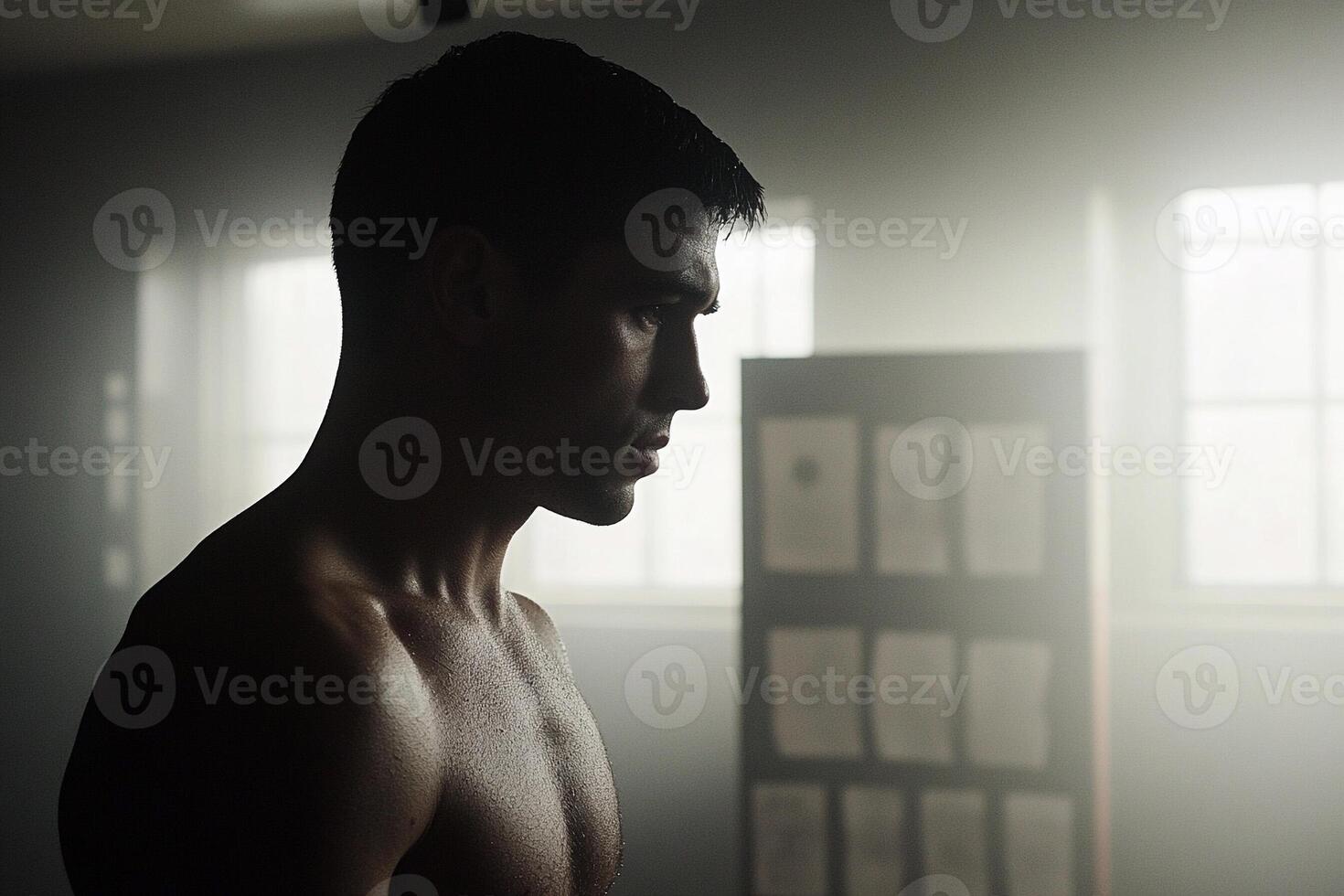 A shirtless man stands in front of a window photo