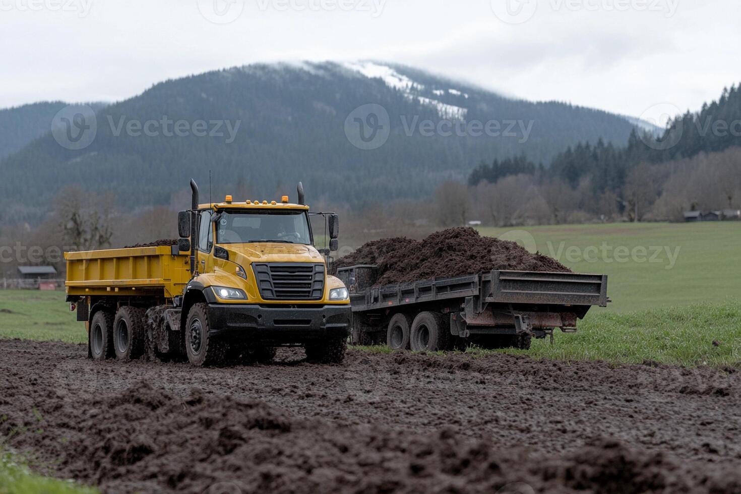 A yellow dump truck driving down a muddy road photo