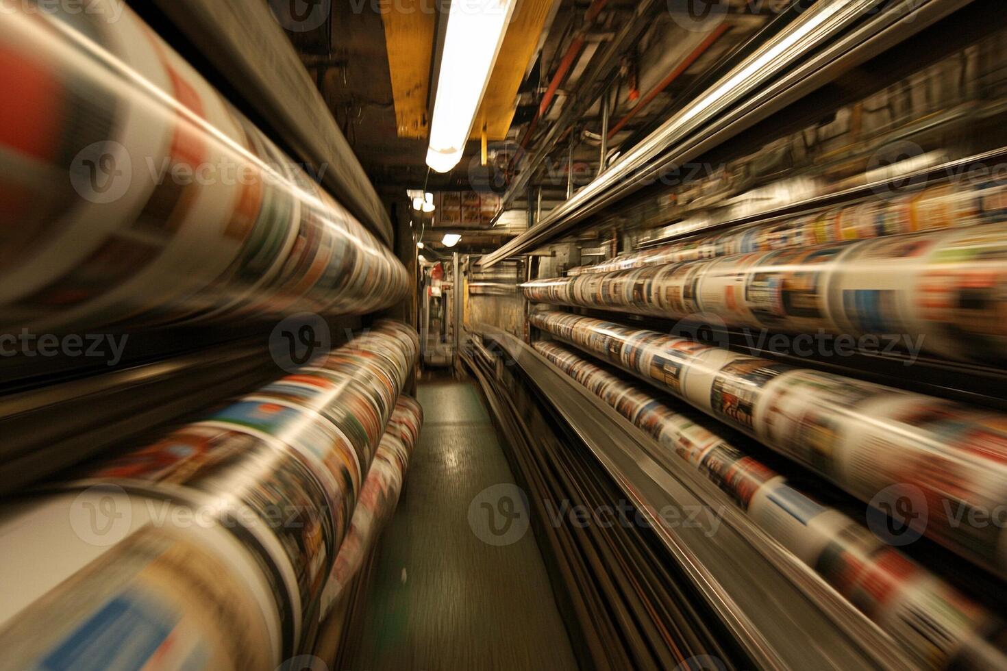 A newspaper machine is moving down a long hallway photo