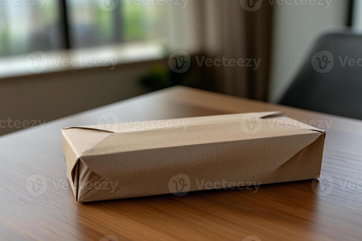 A brown paper bag sitting on top of a wooden table photo