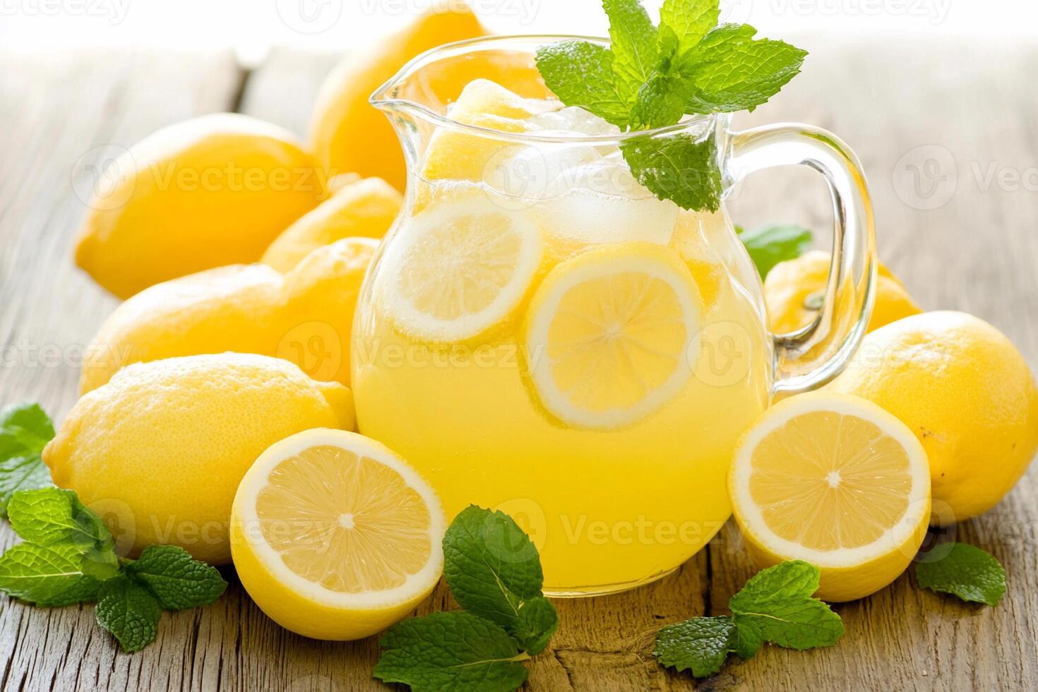 A pitcher of lemonade with slices of lemons photo