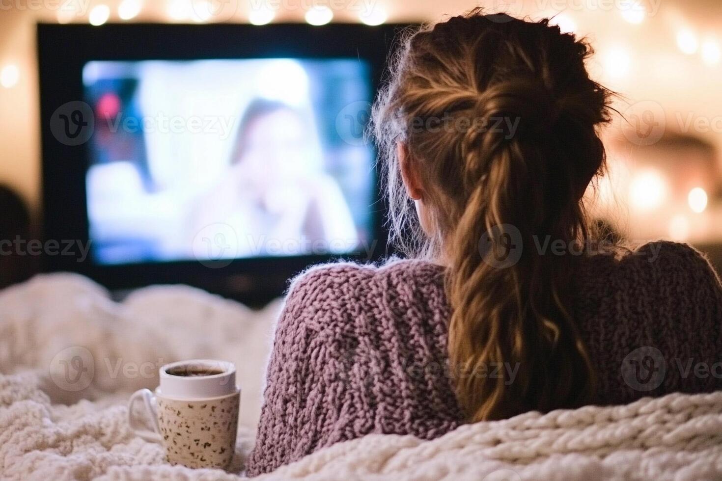 A woman is watching television in bed with a mug of coffee photo