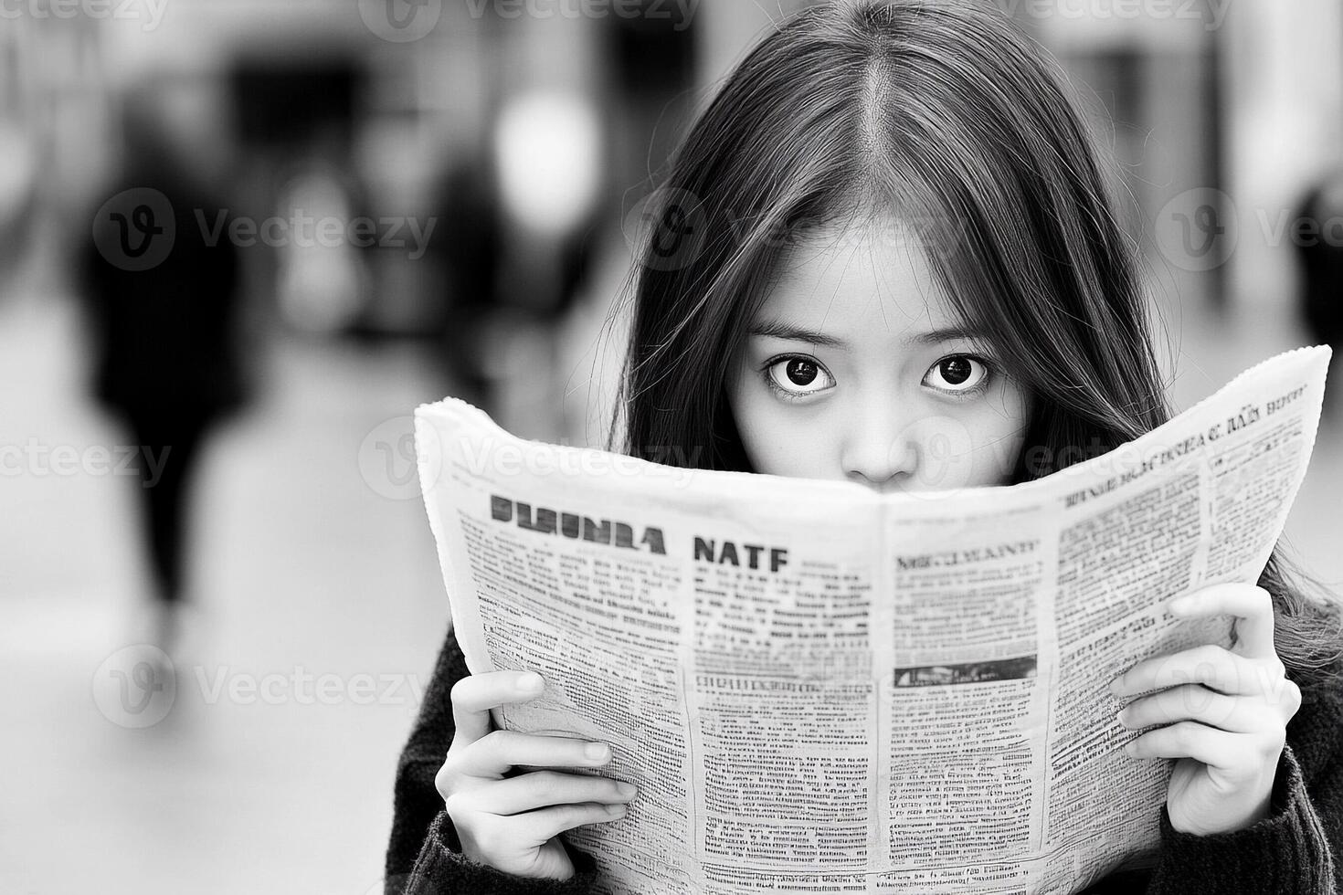 A young girl reading a newspaper in a city photo