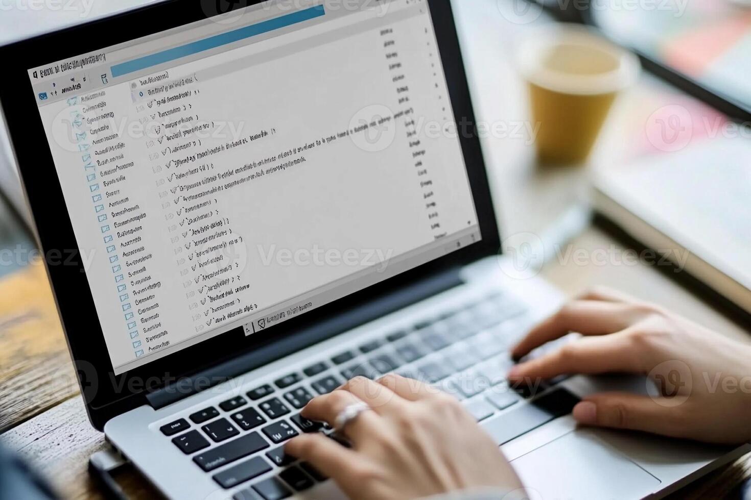 A person is typing on a laptop with a list of files photo
