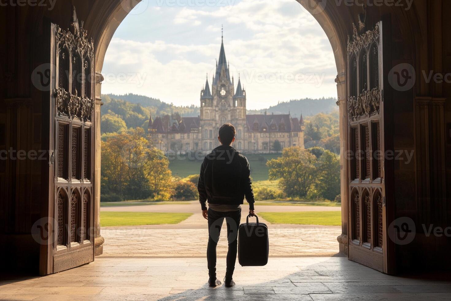 A man with a suitcase standing in front of an archway photo
