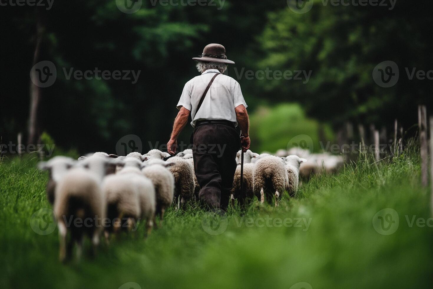 A man walking with sheep in a field photo