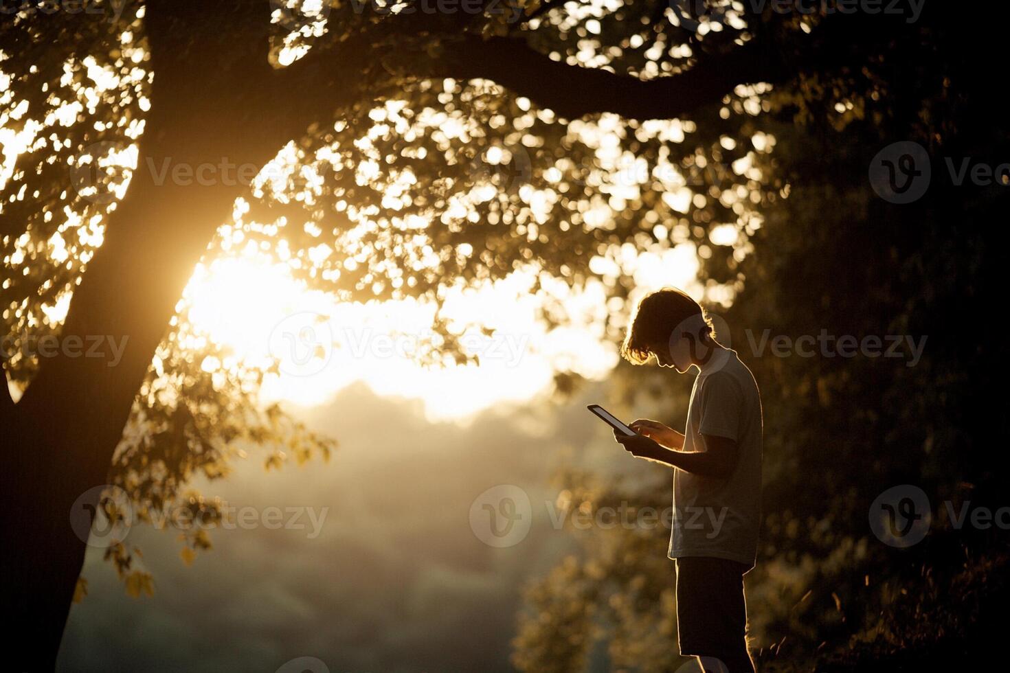 A person standing under a tree with a tablet photo