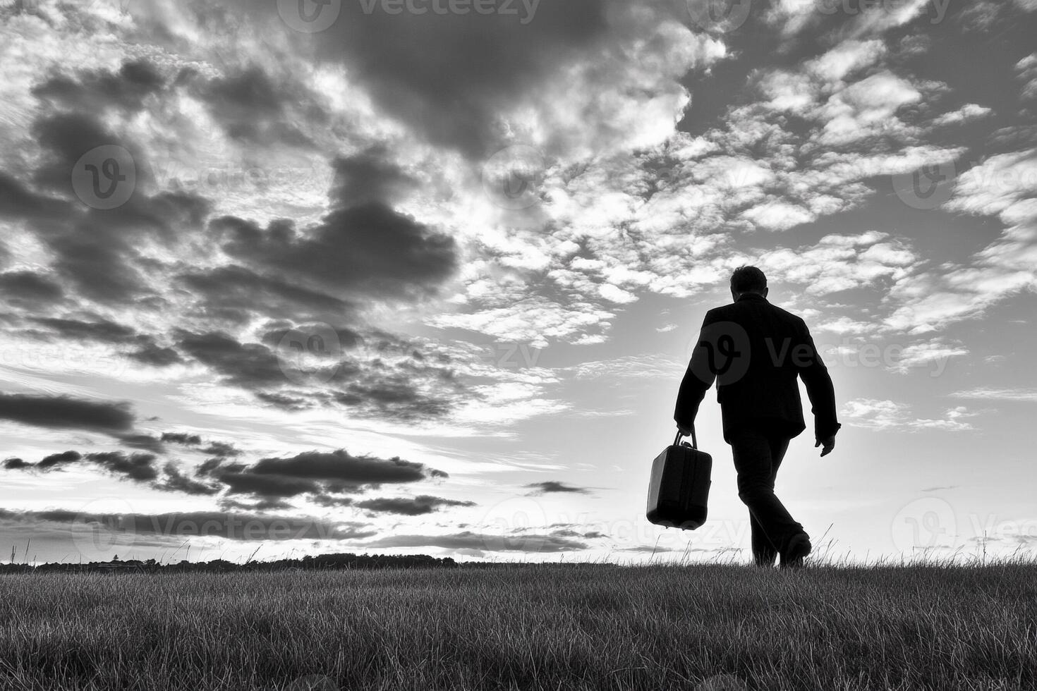 A man walking in a field with a suitcase photo