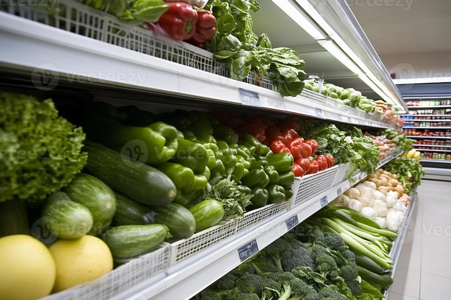 A grocery store aisle with vegetables and fruits photo