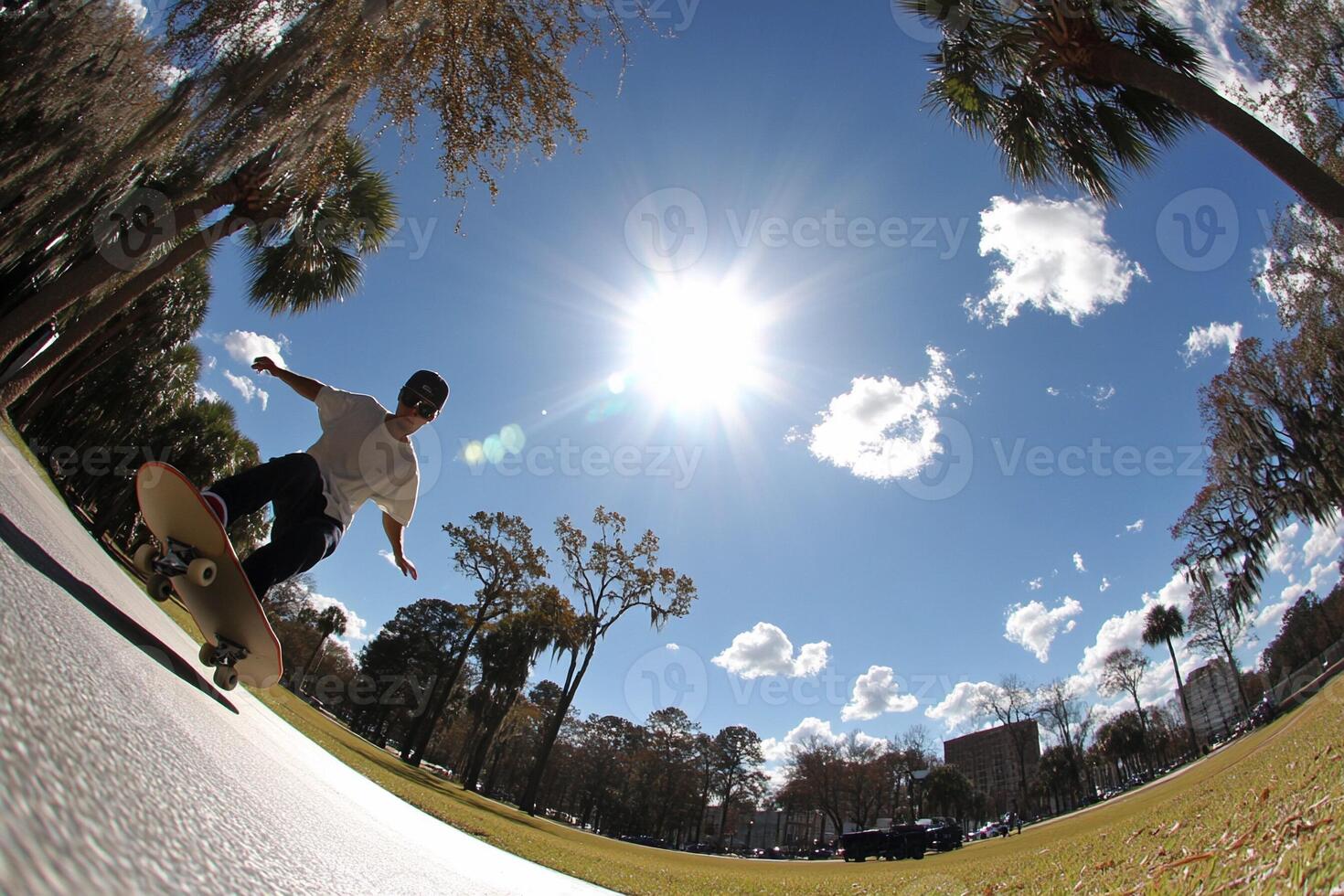A skateboarder is riding down a ramp in a park photo