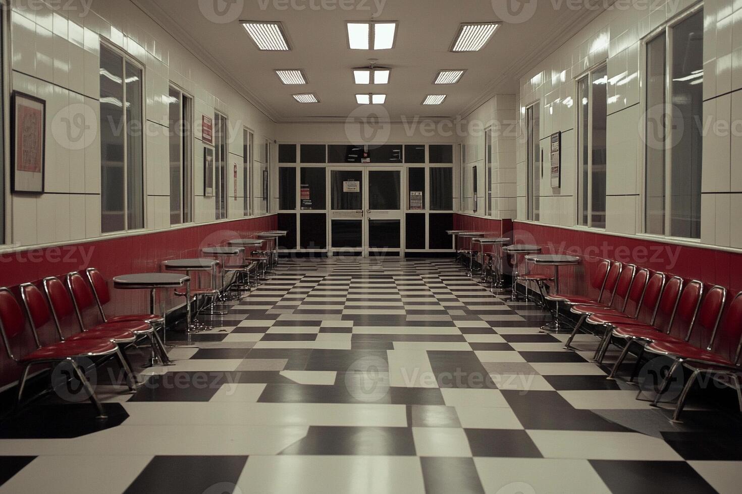 A long hallway with red and white chairs photo