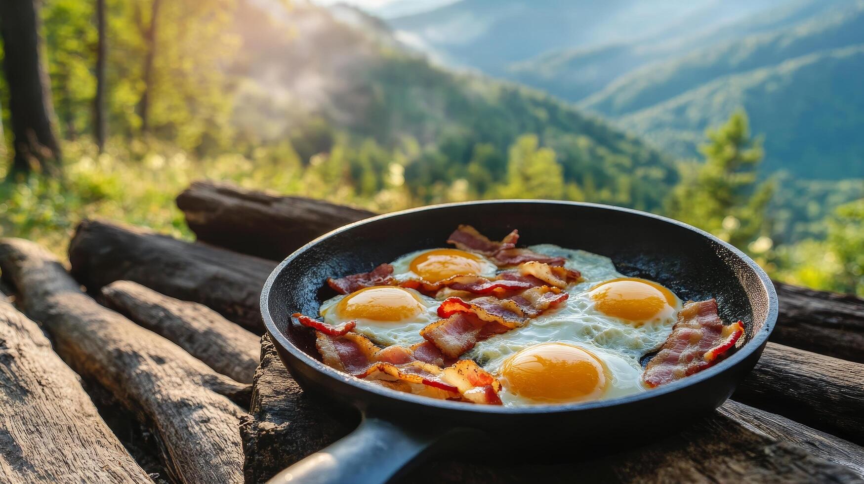 Scrumptious Eggs and Bacon Breakfast with a Mountain View photo