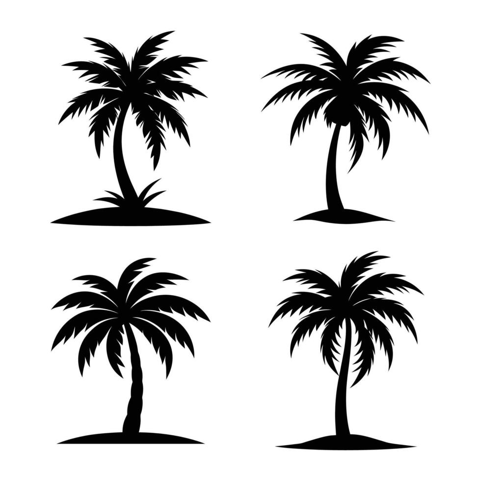 Tropical island beach paradise summer sunset with palm tree silhouettes, Set of palm trees silhouettes vector