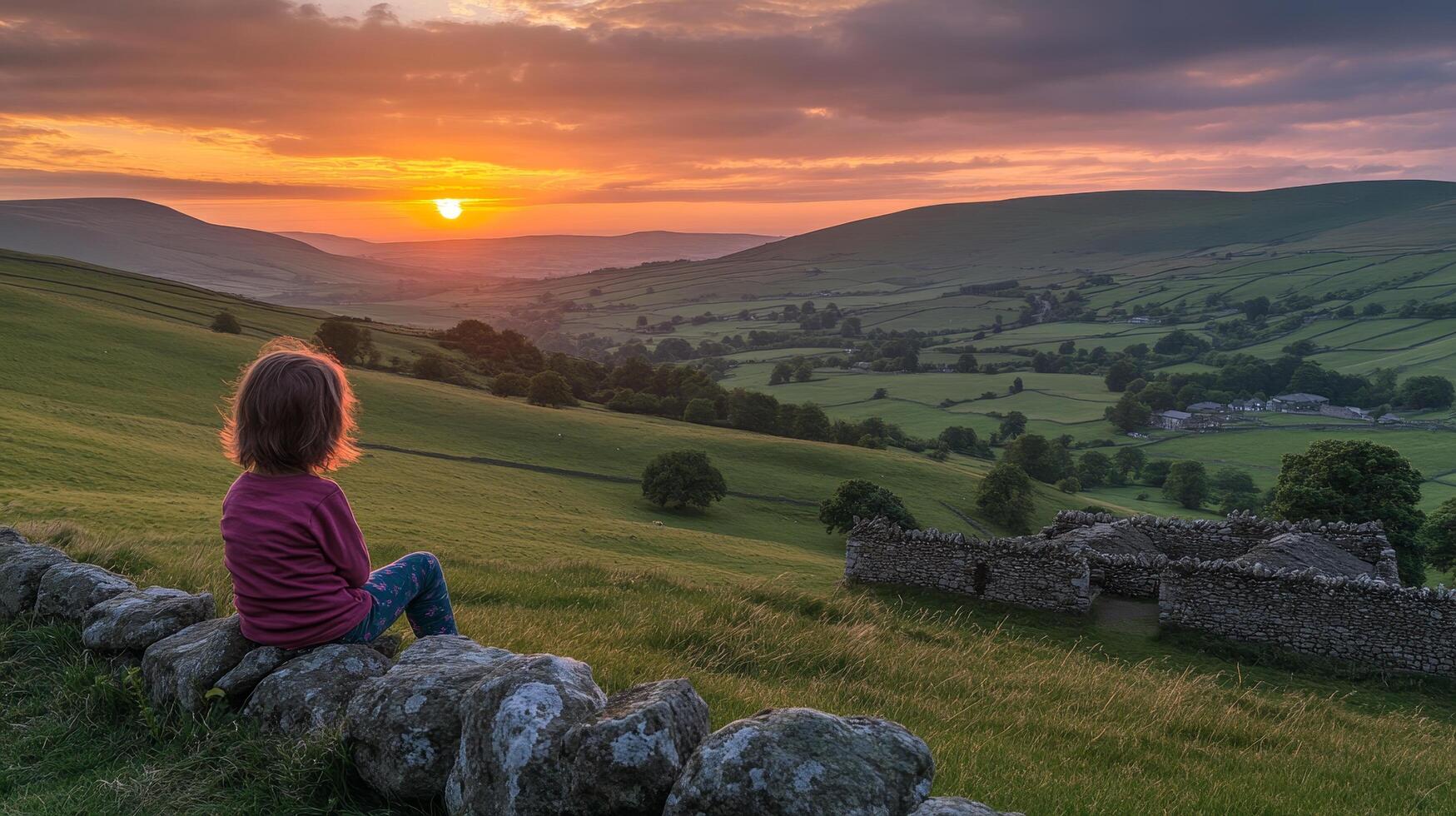 Child Watching Sunset Over Rolling Hills and Fields photo