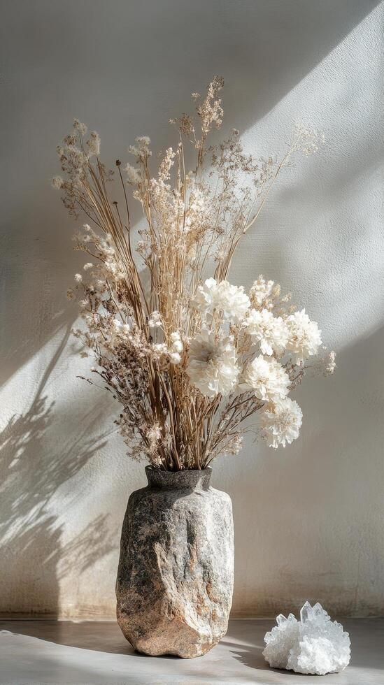 Rustic Dried Flower Arrangement in Stone Vase with Crystals photo