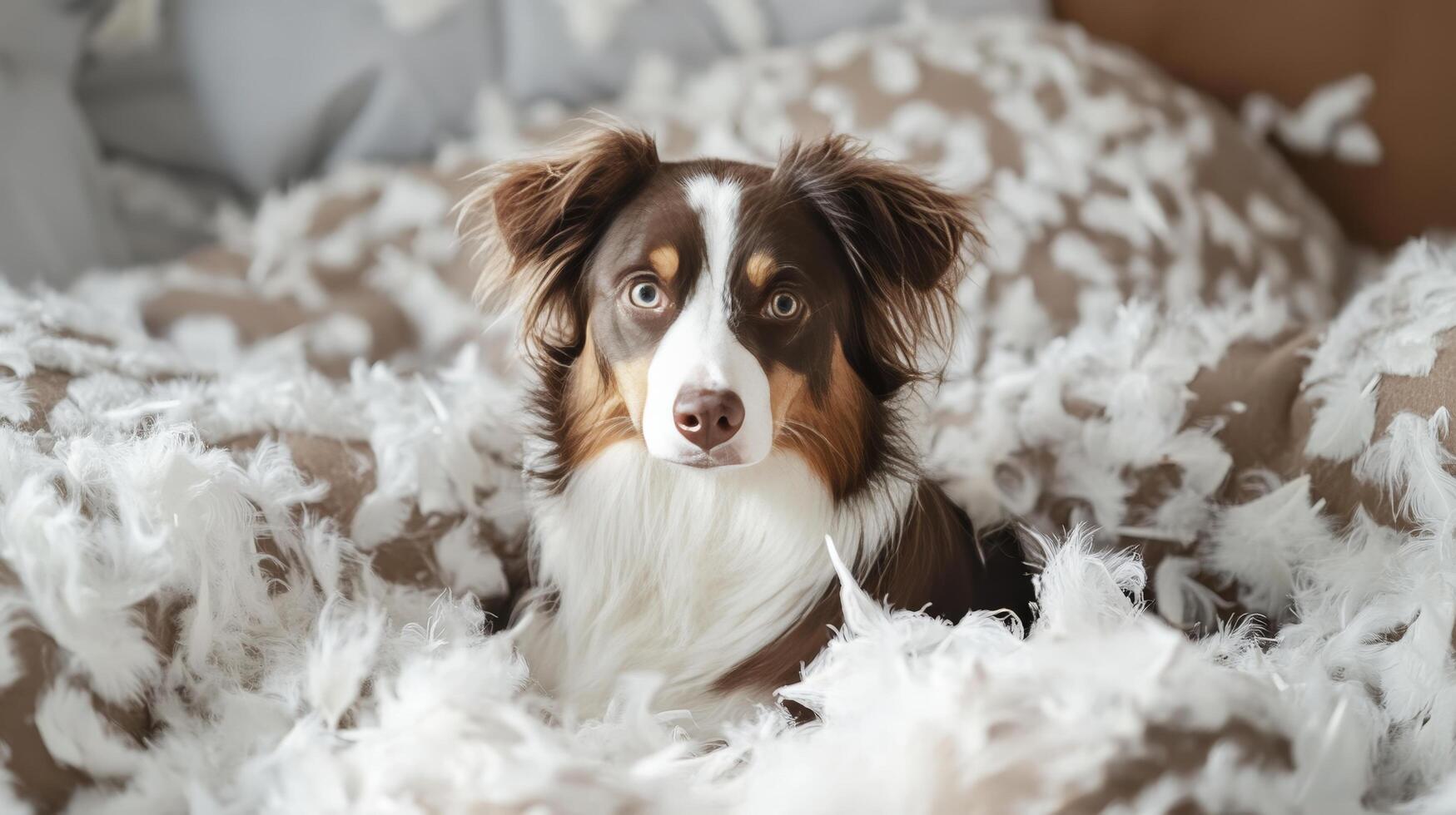 Playful Dog in a Feather Cloud photo