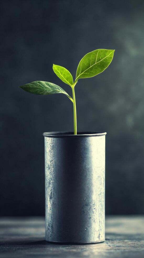 Tiny Sprout in a Rustic Metal Container A Symbol of Nature's Resilience photo