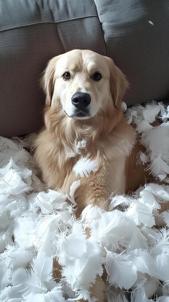 Golden Retriever Covered in Feathers - A Messy Playtime photo