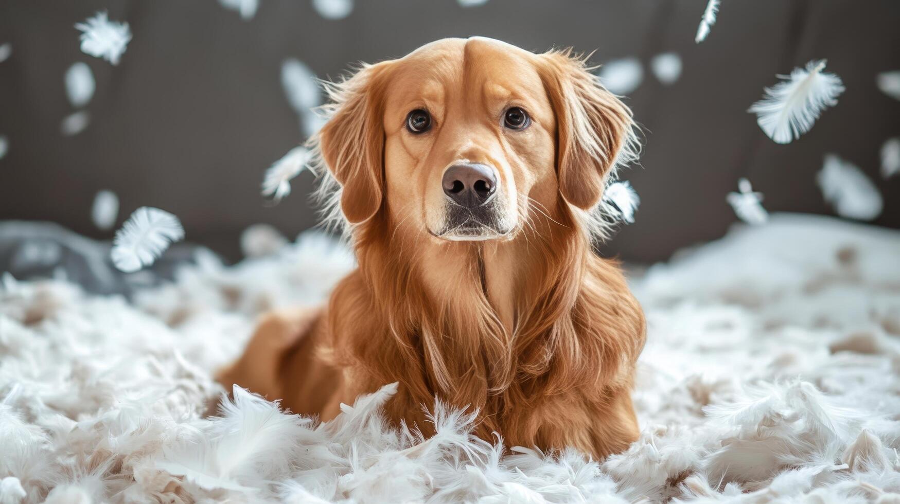 A golden retriever having fun with feathers photo
