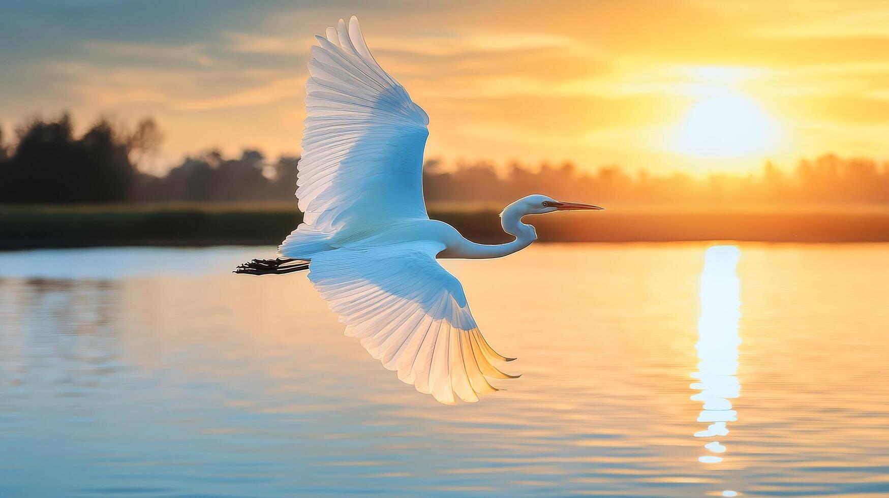 A White Egret in Flight Over Water at Sunset photo