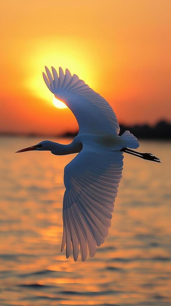 A Serene Sunset Seascape with a Graceful Bird Silhouette Against Golden Waters and a Tranquil Horizon at Dusk photo