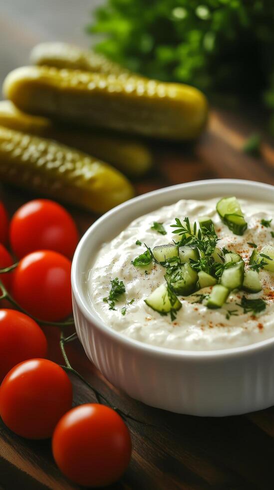 Exquisite Tzatziki Dip with Fresh Cucumber, Dill, and Pickles on a Rustic Wooden Table, a Culinary Still Life with Tomatoes and Parsley, Close-Up photo