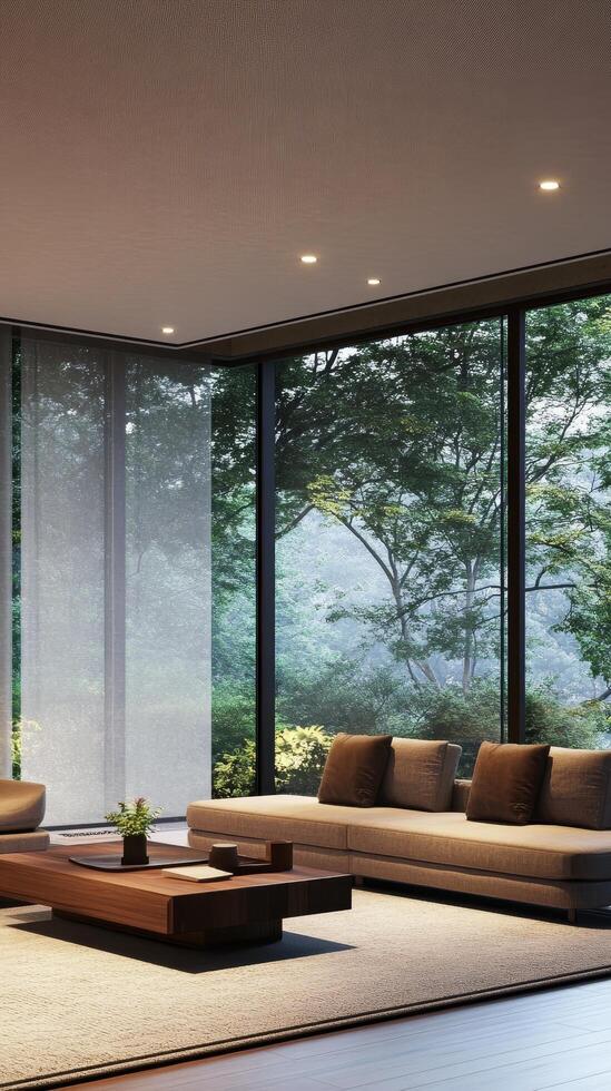 Serene Interior A Modern Living Room with Nature Views, Minimalist Design, and Cozy Furniture for Elegant Home Decor and Relaxation photo