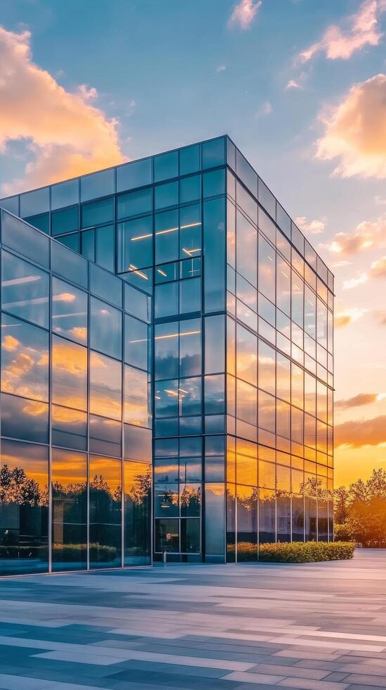 Modern Glass Building Reflecting Sunset Sky A Symphony of Urban Architecture, Sky, and Light in a Captivating Commercial Landscape photo