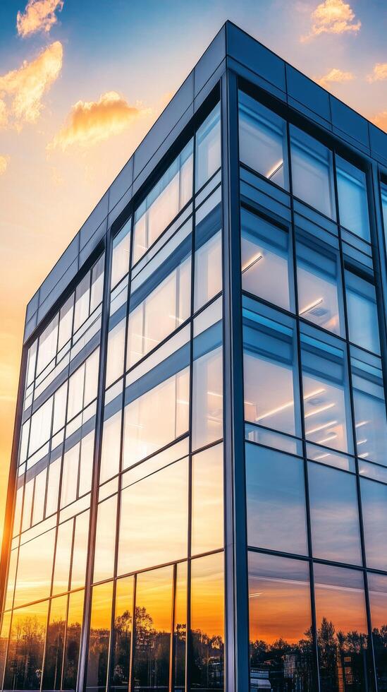Modern Architecture A Glass Building Reflecting Urban Skyline at Sunset, Capturing the Essence of Contemporary Design and Corporate Innovation photo